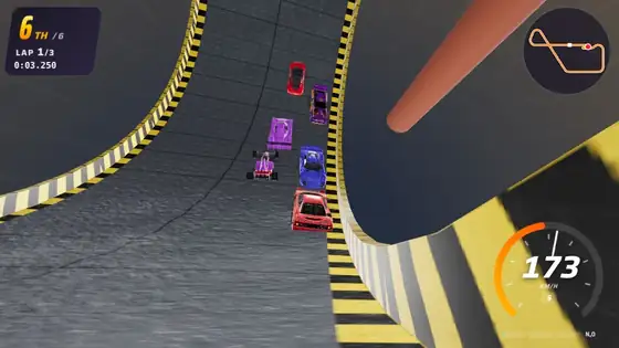 Industrial Boost Factory track in Hot Racers: loop, figure-8 overpass, crushers